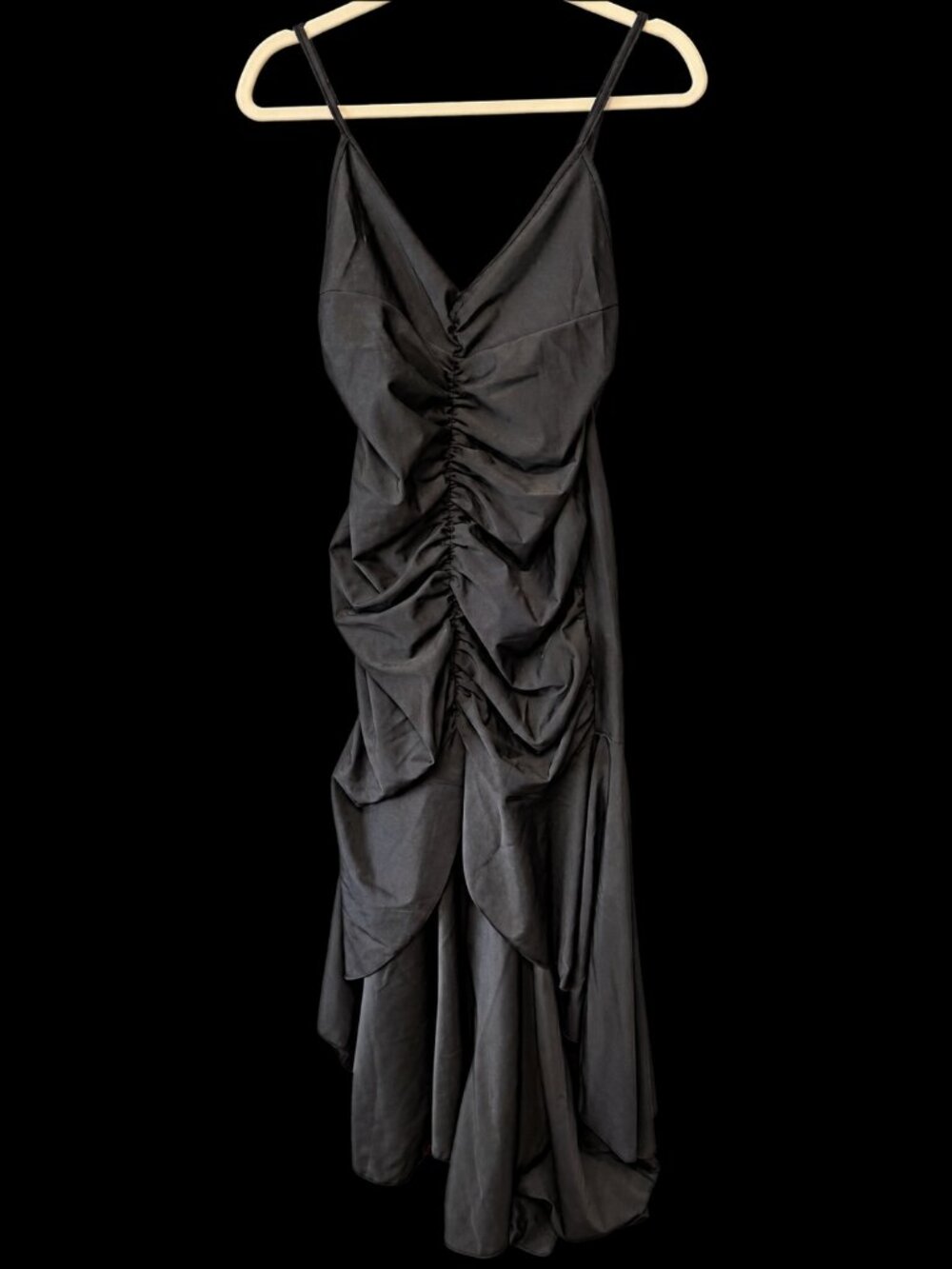 Black Ruched Maxi Dress Wrap Front High Slit Spaghetti Strap XS / XL